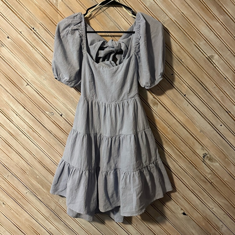 Mustard Seed Baby Blue Puff Sleeve Double Bow Open Back Tiered Mini Dress